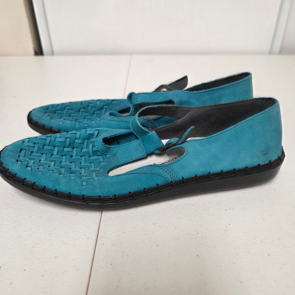 Rieker Antistress Teal Blue Woven Leather Mary Jane Flats Portugal Women Size 39